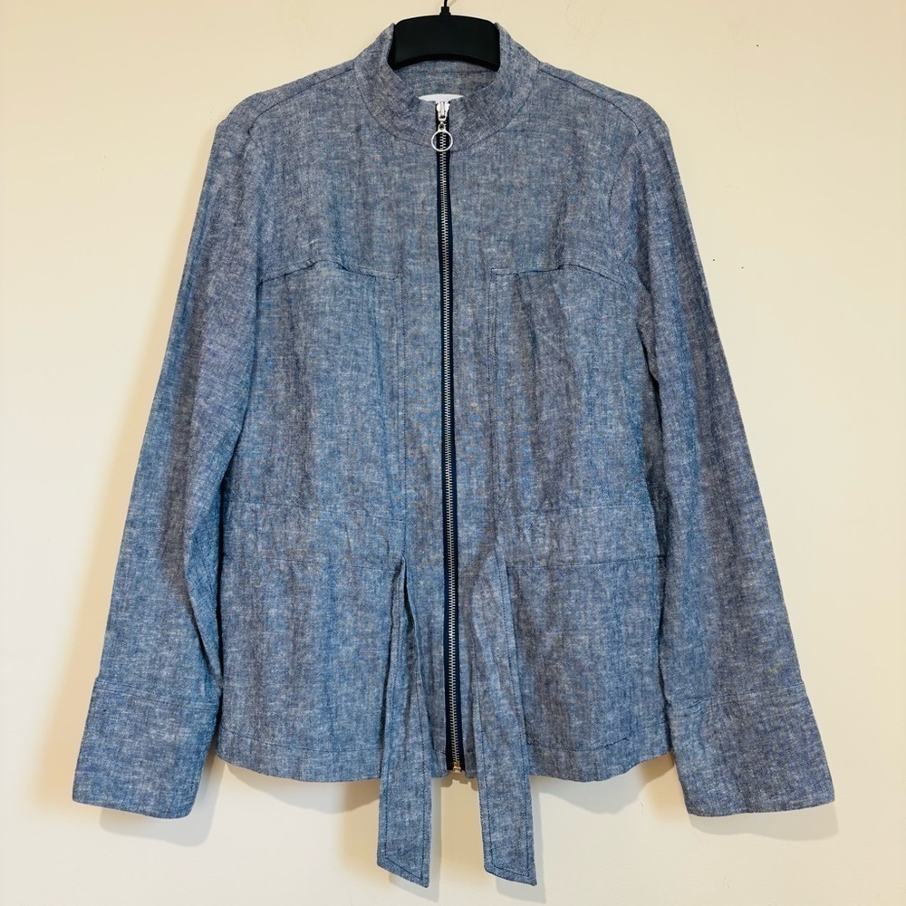 Calvin Klein Y2K Chambray Belted Linen rayon zip up tie waist utility jacket M